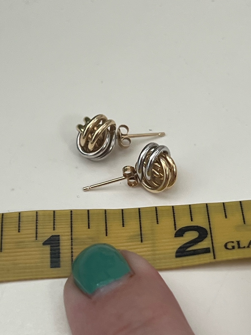 14K Gold Two Toned Interlocking Knot Stud Earrings, Real Yellow & White Gold - Picture 8 of 12